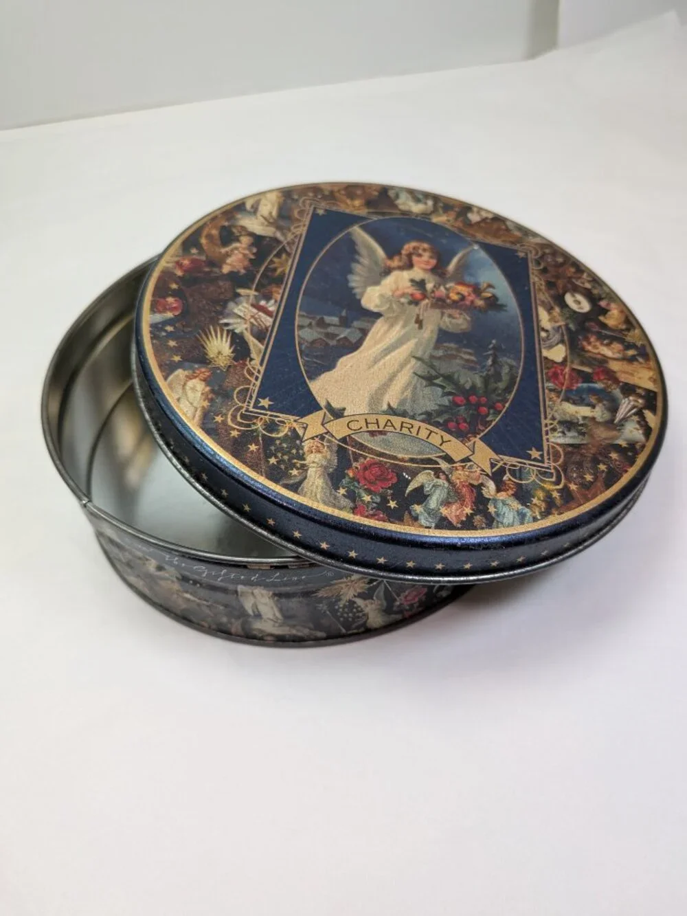 Vintage Victorian Angel Charity Tin Religious Gold Accent Gifted Line